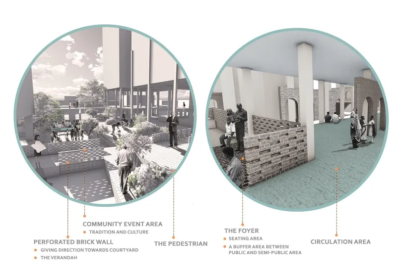 Diagram showing two circular vignettes of a community event area and a foyer with tiled floor
