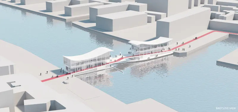 Bird's eye view rendering of the linear structure spanning the waterway between abstract white massing blocks