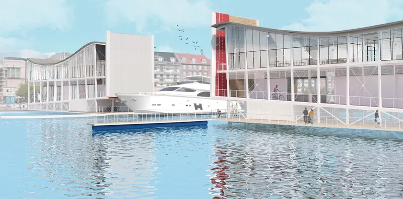 Waterside rendering showing the glass pavilions and ferry docked at the floating platform under blue sky