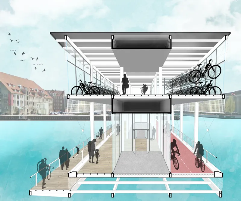 Section drawing revealing the upper bike storage level and lower waterside pedestrian walkways with cycling lanes