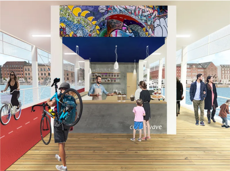 Waterfront pavilion rendering with timber deck, red bike path, and colorful mural overhead