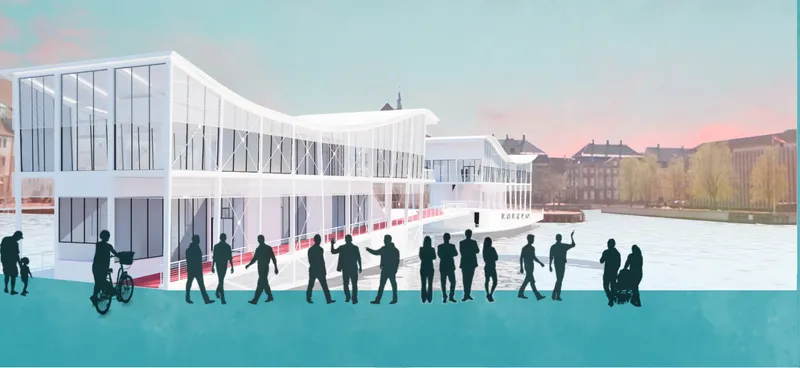 Elevation rendering showing the two-story glass and white facade with red circulation levels and silhouetted pedestrians