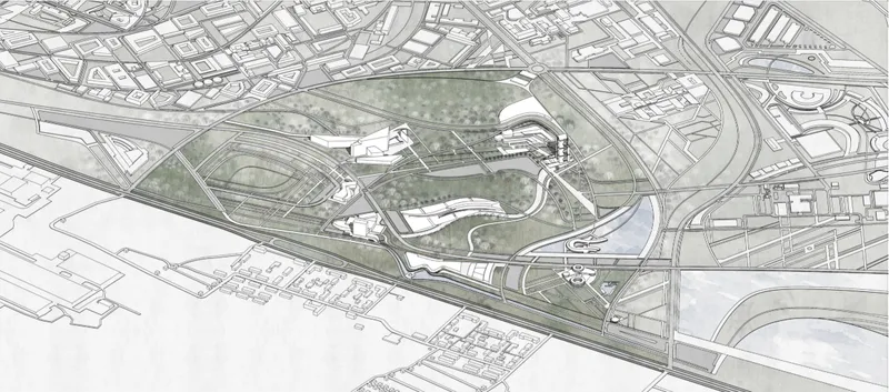 Site plan drawing showing multiple curved building volumes arranged within a landscaped park bordered by urban infrastructure