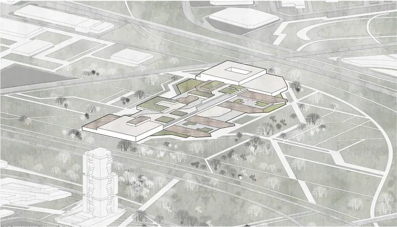 Aerial view drawing of a low-rise complex with terraced courtyards and pathways connecting through a tree-lined landscape