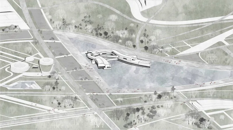 Aerial perspective rendering of a horizontal building with angular wings set within a vast public plaza dotted with pedestrians