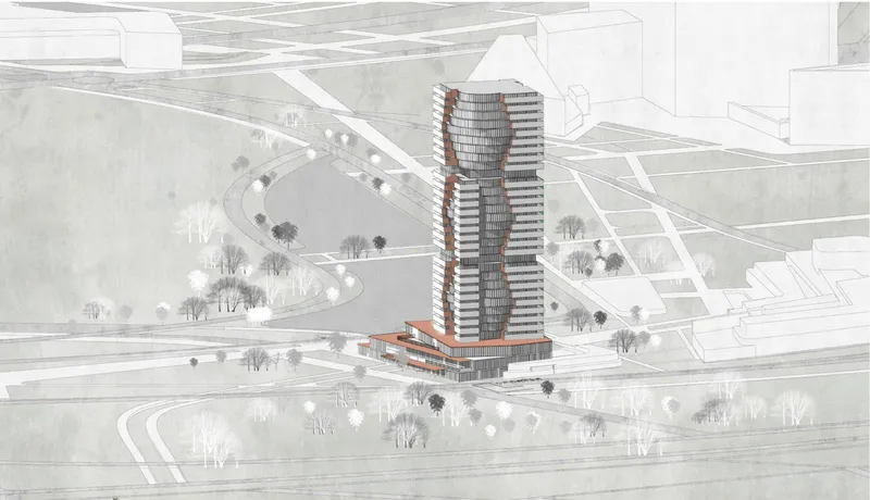 Aerial rendering of a tall residential tower with alternating red and grey facade bands rising above a low podium