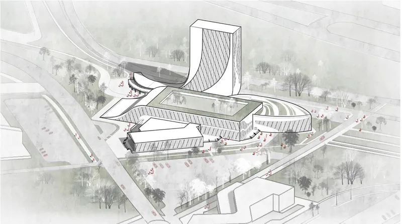 Aerial view drawing of a sculptural complex featuring a curved tower and horizontal wings arranged around a central courtyard