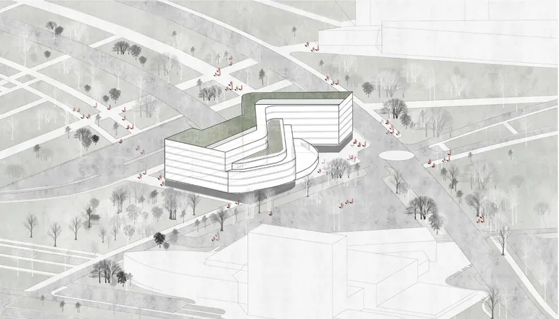 Aerial perspective drawing showing a three-lobed building with green roof surrounded by winter trees and pedestrian paths