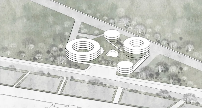 Site axonometric drawing depicting clustered circular volumes and flat-roofed structures within a landscaped setting