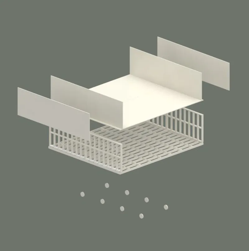 Exploded axonometric showing the modular folding car system