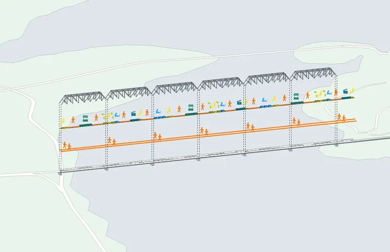 Overall site strategy illustrating temporary programs distributed along the bridge span