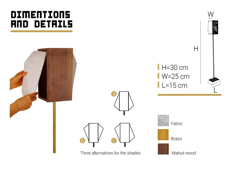 Exploded view of KHOFO lighting design showing dimensions, material composition, and interchangeable shade configurations.