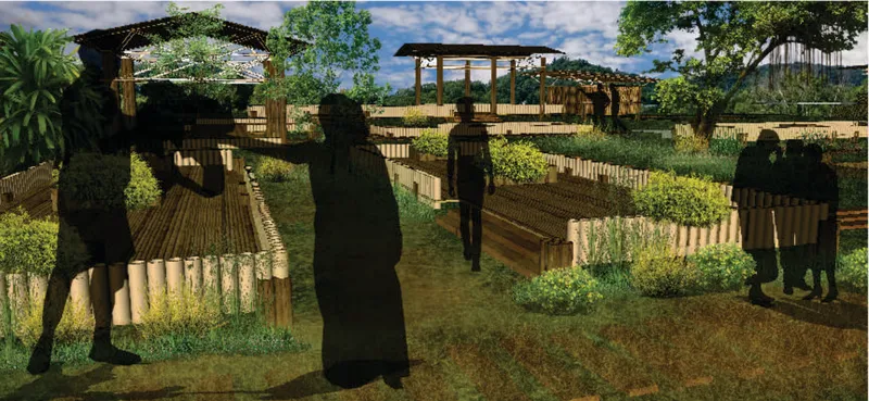 Community garden terraces integrated with bamboo structures, creating shared public spaces within Thanchi Bazar’s revitalized landscape.