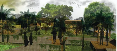 This architectural rendering showcases a tropical landscape design with wooden structures and lush v