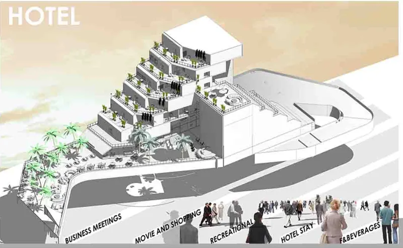 Stepped hotel volumes shaping the urban edge while activating the ground plane with commerce, leisure, and public interaction.