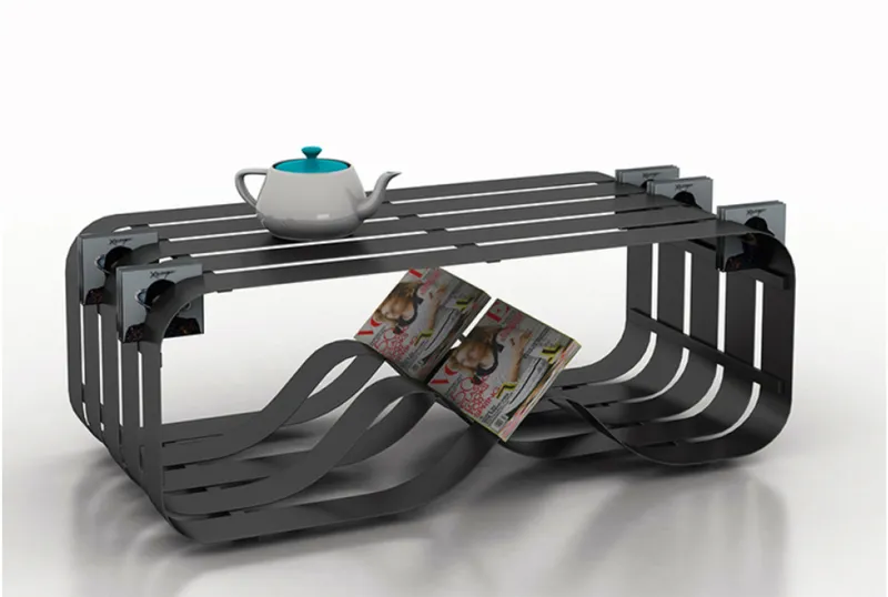 Functional use of the Arctic Coffee Table, integrating storage and surface utility within a kinetic furniture design language.