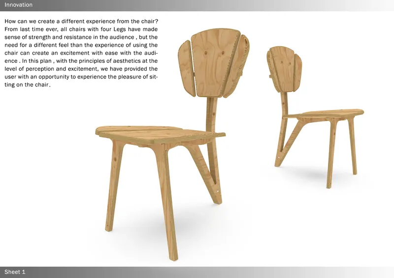 Exploded view highlighting the Shell Chair’s plywood construction and sculptural backrest geometry.