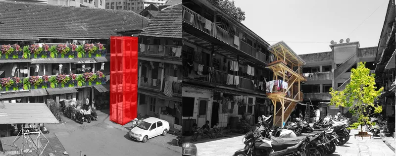 Neighbourhood retrofit proposal introducing vertical accessibility and senior-friendly housing within an existing Mumbai courtyard.