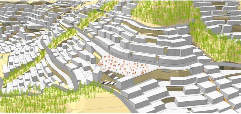 Terraced neighborhood clusters step along the contours, forming a central public plaza integrated within the sloping terrain.