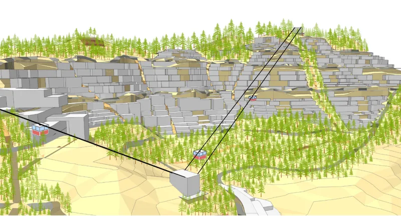 Cable-based mobility system connects lower valleys to ridge-top settlements, reducing dependence on road infrastructure.