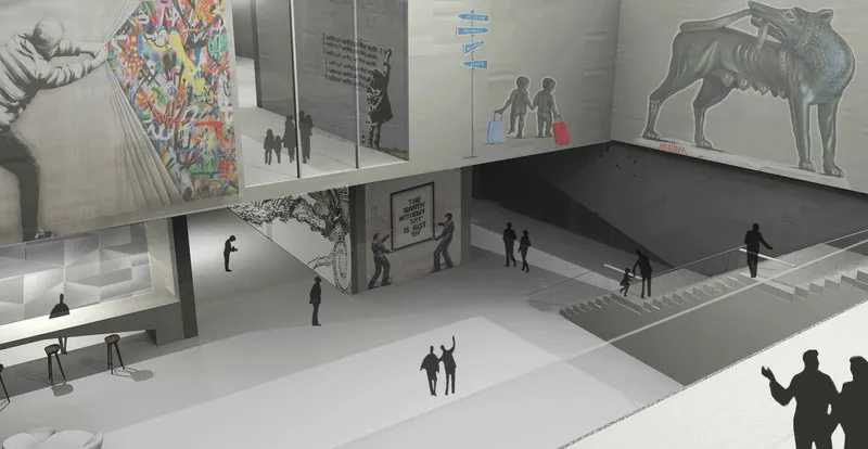 Street art reinterpreted indoors through open, flexible exhibition spaces.