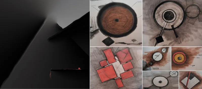 Conceptual sketches translating existential questions into spatial geometry.