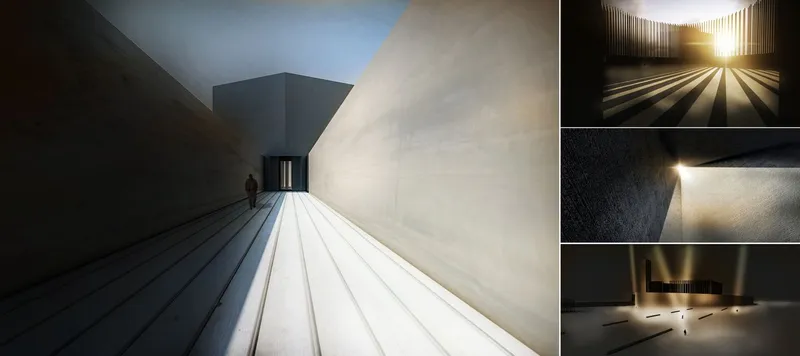 Monolithic walls guiding movement toward introspection and silence.