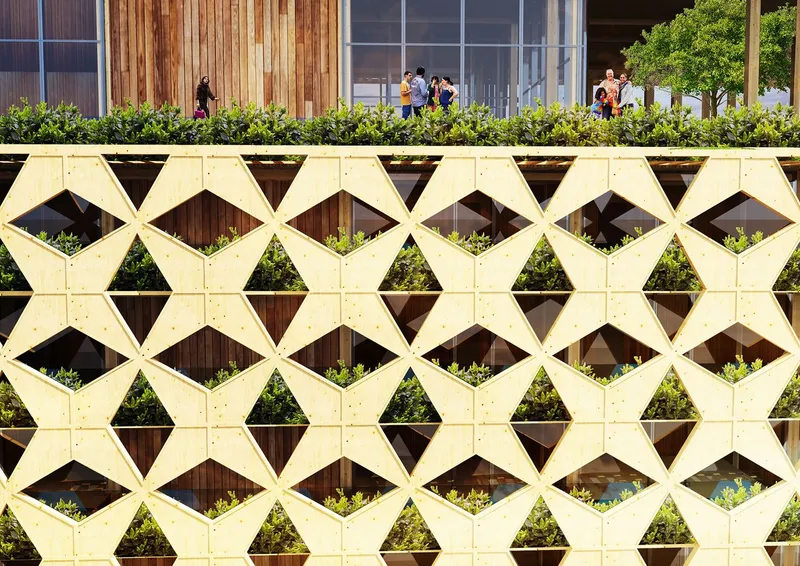 Timber façade system forming a breathable, climate-responsive skin with integrated greenery.