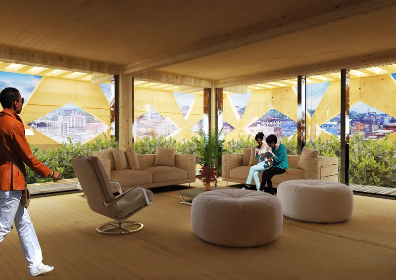 Interior communal lounge showcasing natural wood construction and panoramic city views.