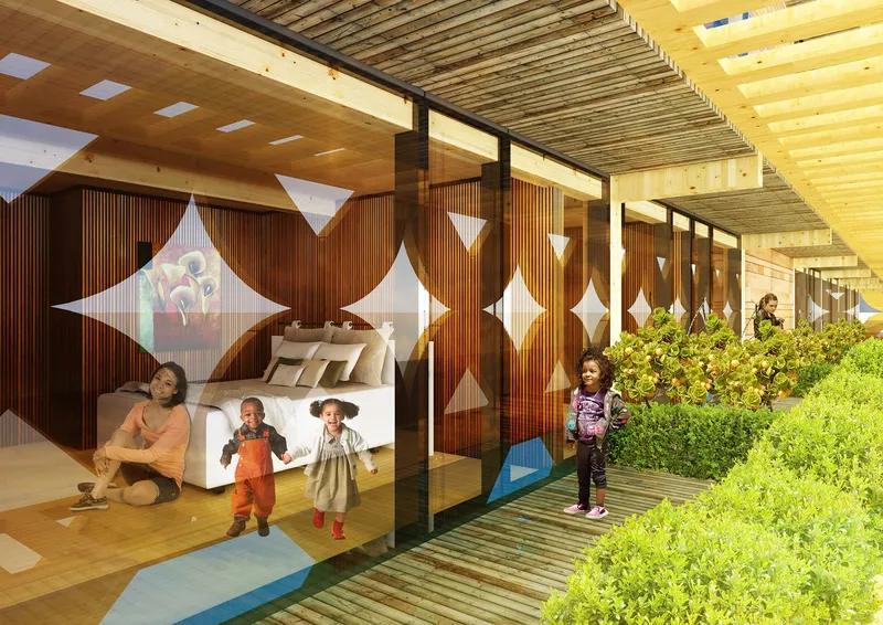Residential corridor blending indoor living with outdoor terraces and planted buffers.