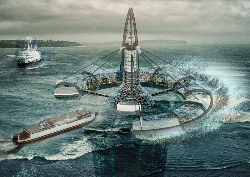 Aerial view of Narwall, an autonomous offshore architectural complex designed to serve maritime routes in extreme Arctic waters.