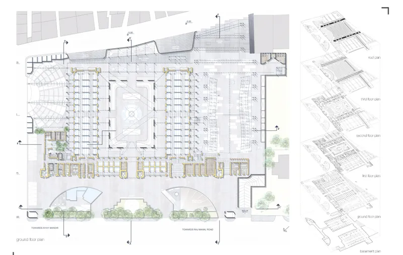 Ground floor plan showing reorganisation of market stalls, central court, circulation spines, and public interfaces.