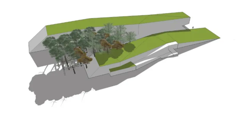 Terraced green roof and ramp system blending the built form with the natural landscape.