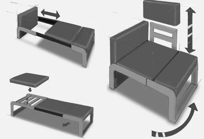 Step-by-step demonstration of the sofa-bed’s transformation process.