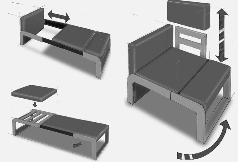 Step-by-step demonstration of the sofa-bed’s transformation process.
