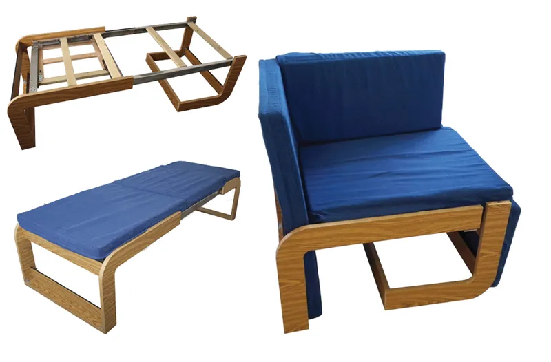 Final prototype combining wooden frame and upholstered surfaces for compact living.