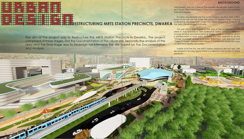 Aerial masterplan visualizing the transformation of Dwarka MRTS station precinct into a people-centric, transit-oriented urban hub.
