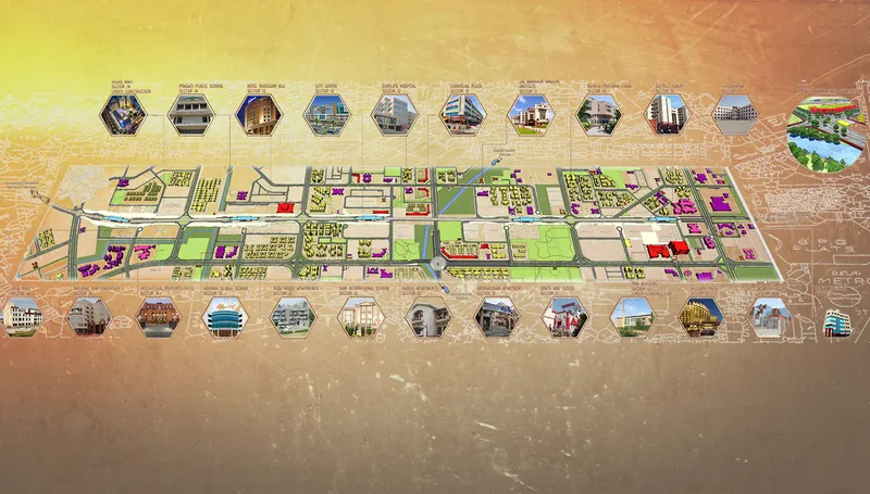 Urban analysis mapping land use, activity nodes, and built fabric along the Dwarka MRTS corridor.