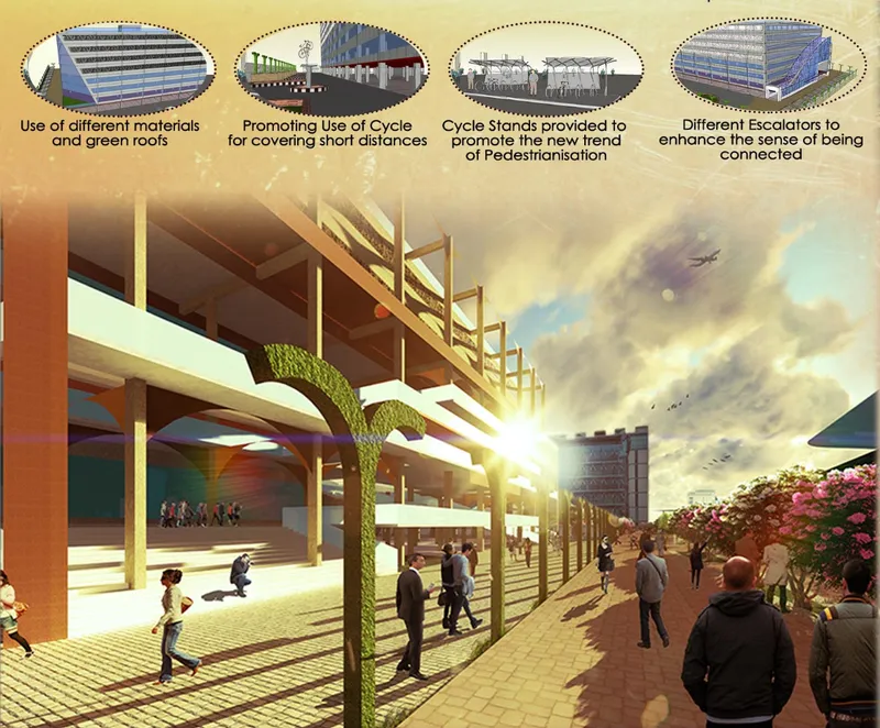Pedestrian-focused public space activating the metro precinct through walkability, greenery, and social interaction.