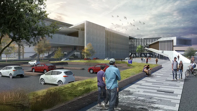 Public plaza and approach space framing the transit hub as an accessible civic foreground.