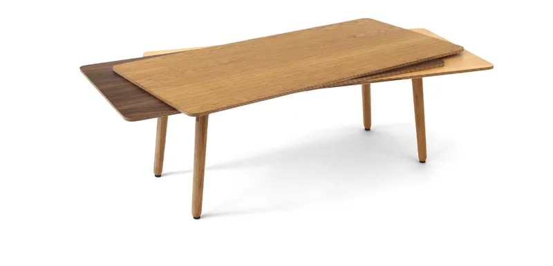 Three veneered wood layers—Maple, Oak, and Walnut—express material contrast and depth.