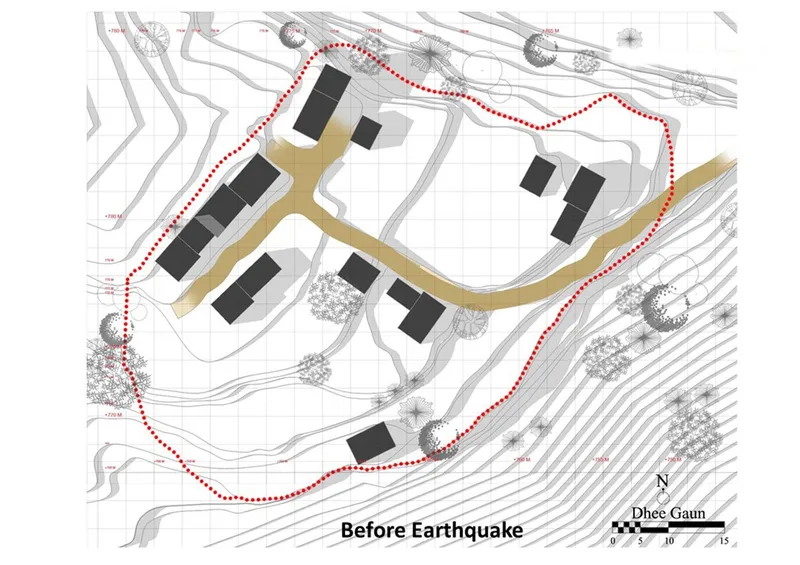 Settlement layout before the earthquake, mapping house distribution, paths, and topography of Majhi Gaun.