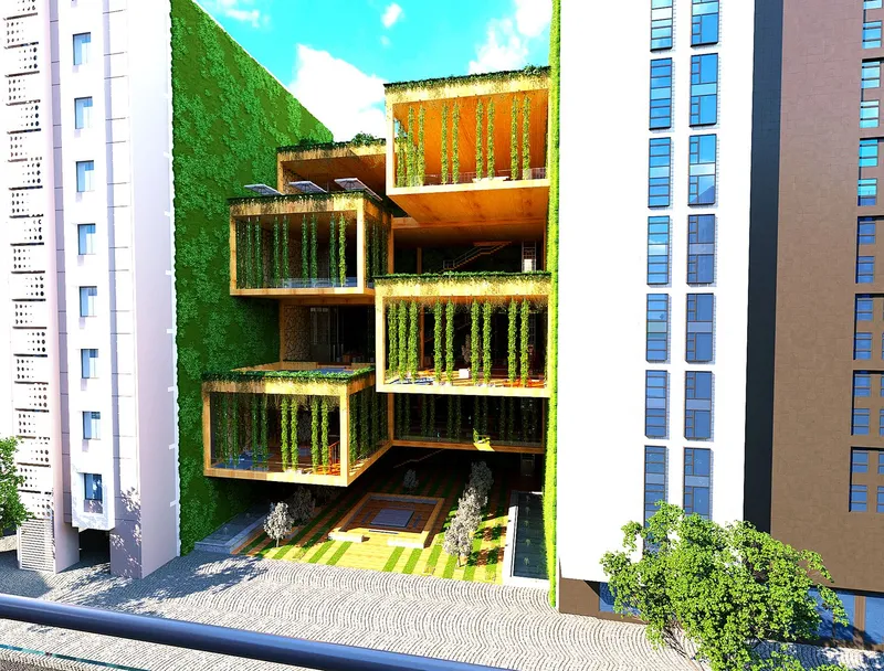 Urban infill transformed into a multi-level vertical park.