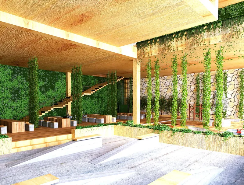 Vertical vegetation creating shaded, breathable social zones