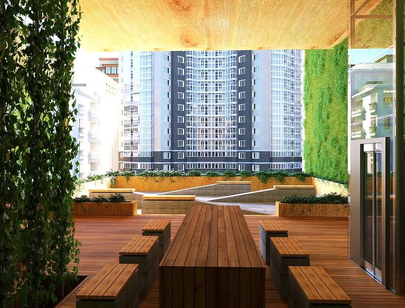 Courtyard-like interior fostering social interaction and calm