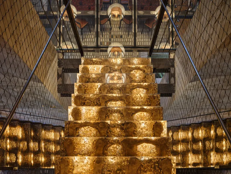 Looking up at an illuminated stepped tower of onyx panels surrounded by metal mesh railings