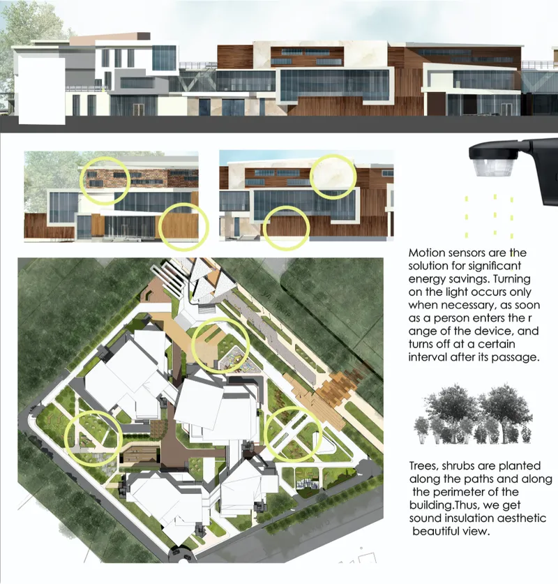 The architectural massing balances transparency and solidity through layered facades, natural materials, and generous glazing.