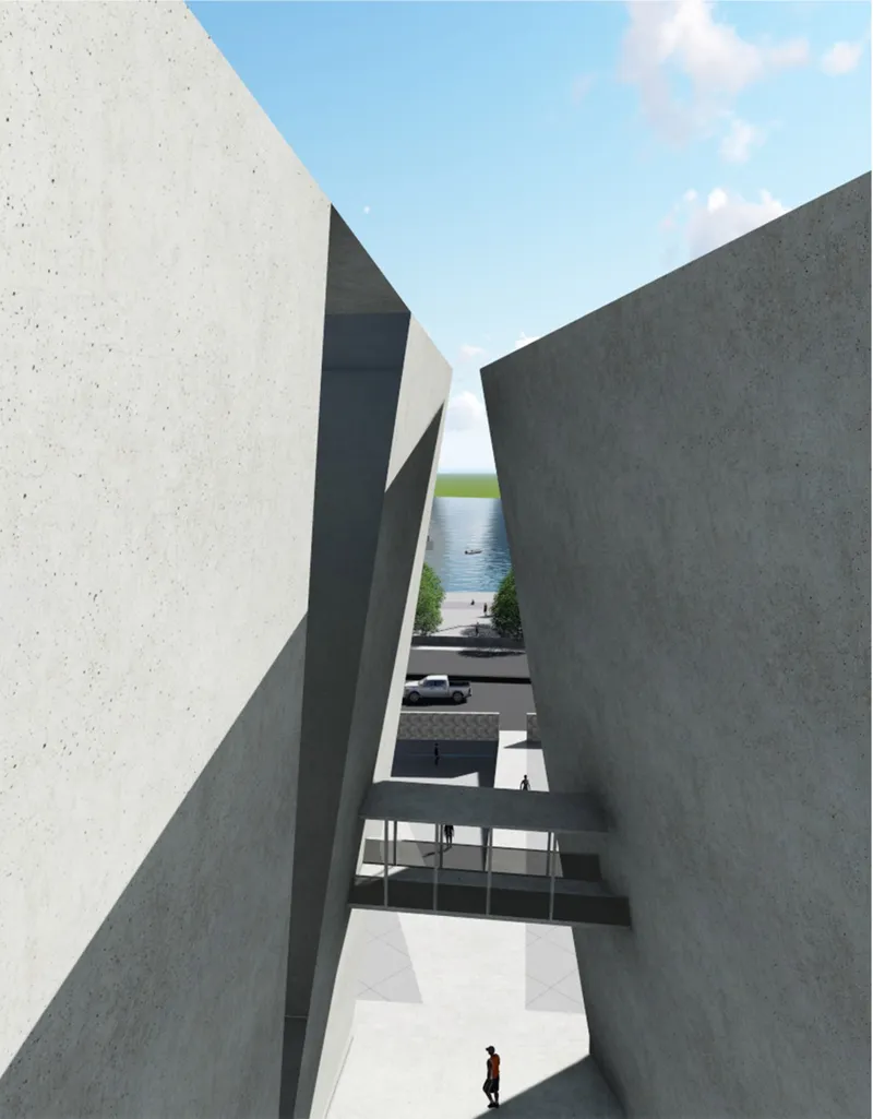 Monolithic concrete volumes frame a visual corridor toward the riverfront, emphasizing scale, light, and spatial tension.
