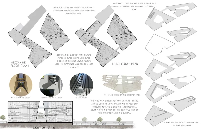 Exhibition floor plans showing a clear separation between temporary and permanent galleries with controlled circulation.