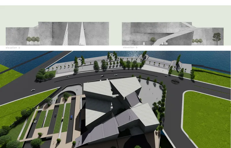 Aerial view highlighting the museum’s relationship with the riverfront, plazas, and surrounding urban infrastructure.